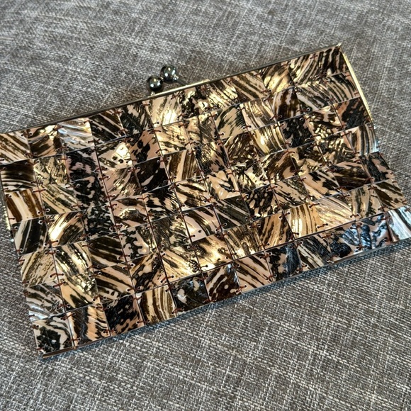 Vintage Mad Bags Mother of Pearl Shell Tiles Brown Black Beaded Clutch - Picture 5 of 7